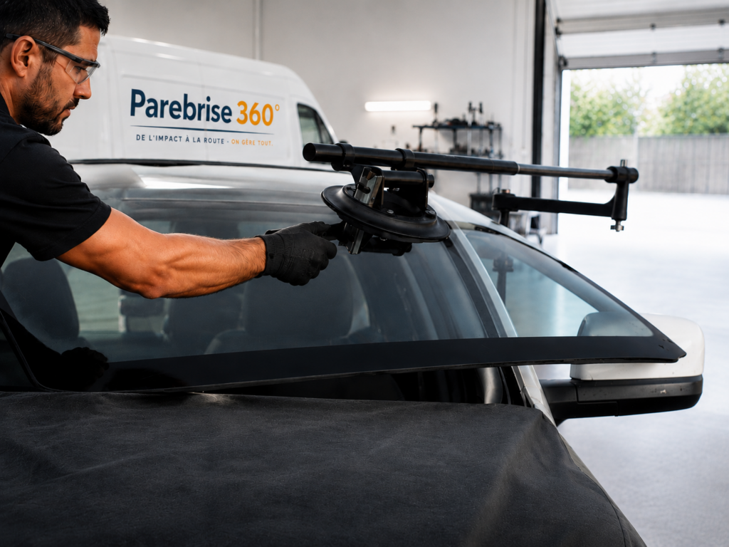 Technicien Parebrise 360 en train de remplacer un pare-brise sur un véhicule